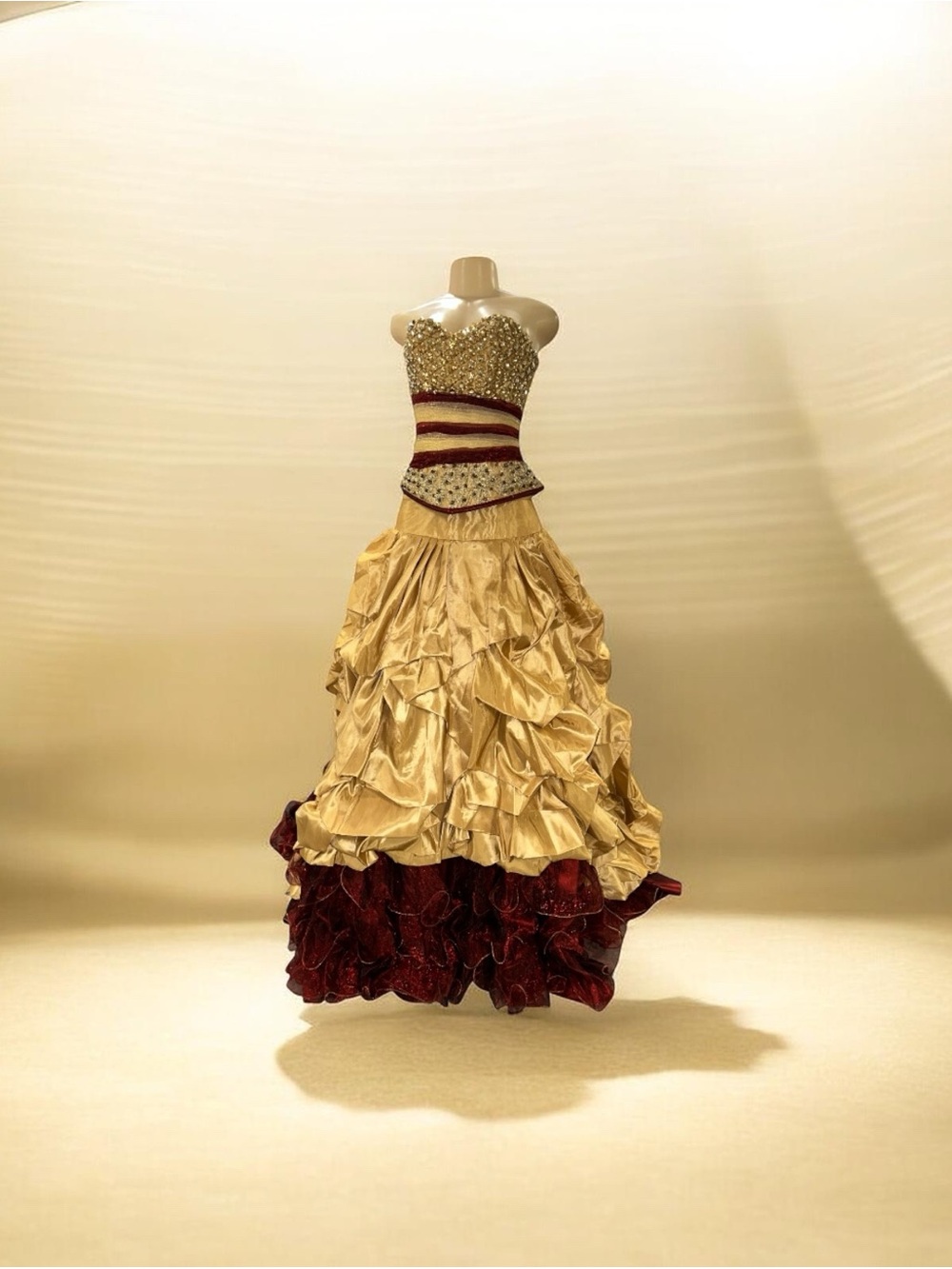 NWT Ragazza Fashion Andaluńa Costura Gold and Burgundy Strapless A-Line BallGown